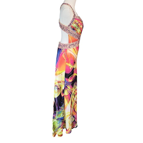 Kiss Kiss Formal Abstract Print Rhinestone Halter Neck Cutout Gown Size 6 - Picture 3 of 11